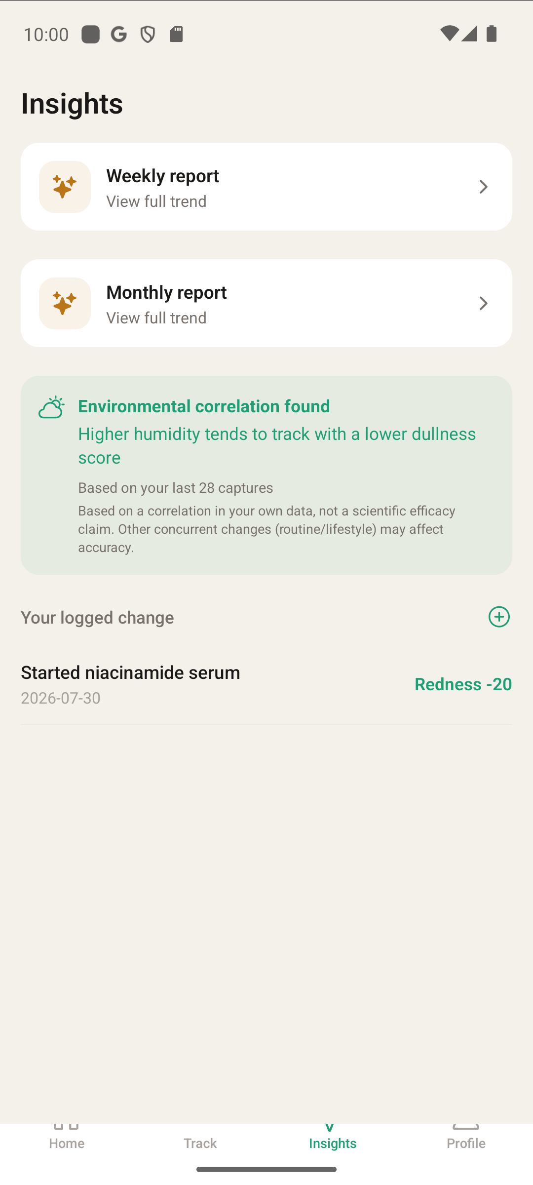 SkinArc environmental correlation card showing UV, air quality, and humidity
