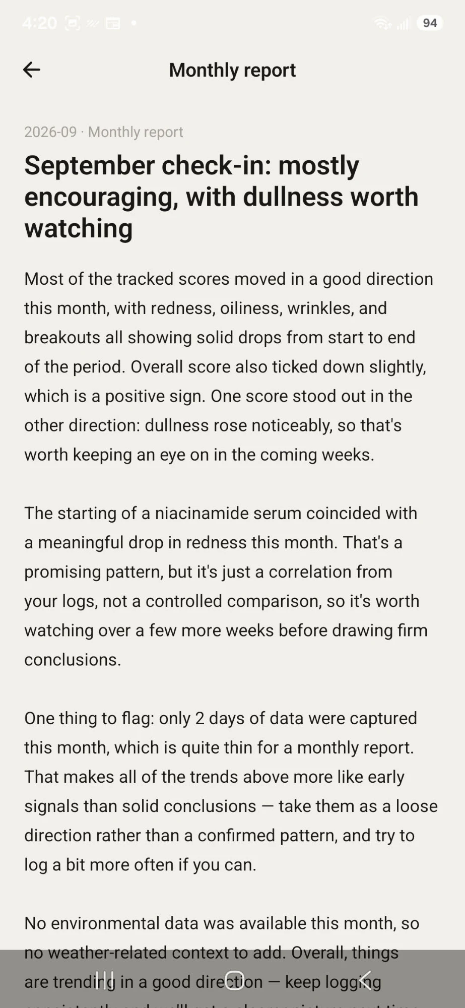 SkinArc AI-generated monthly skin report